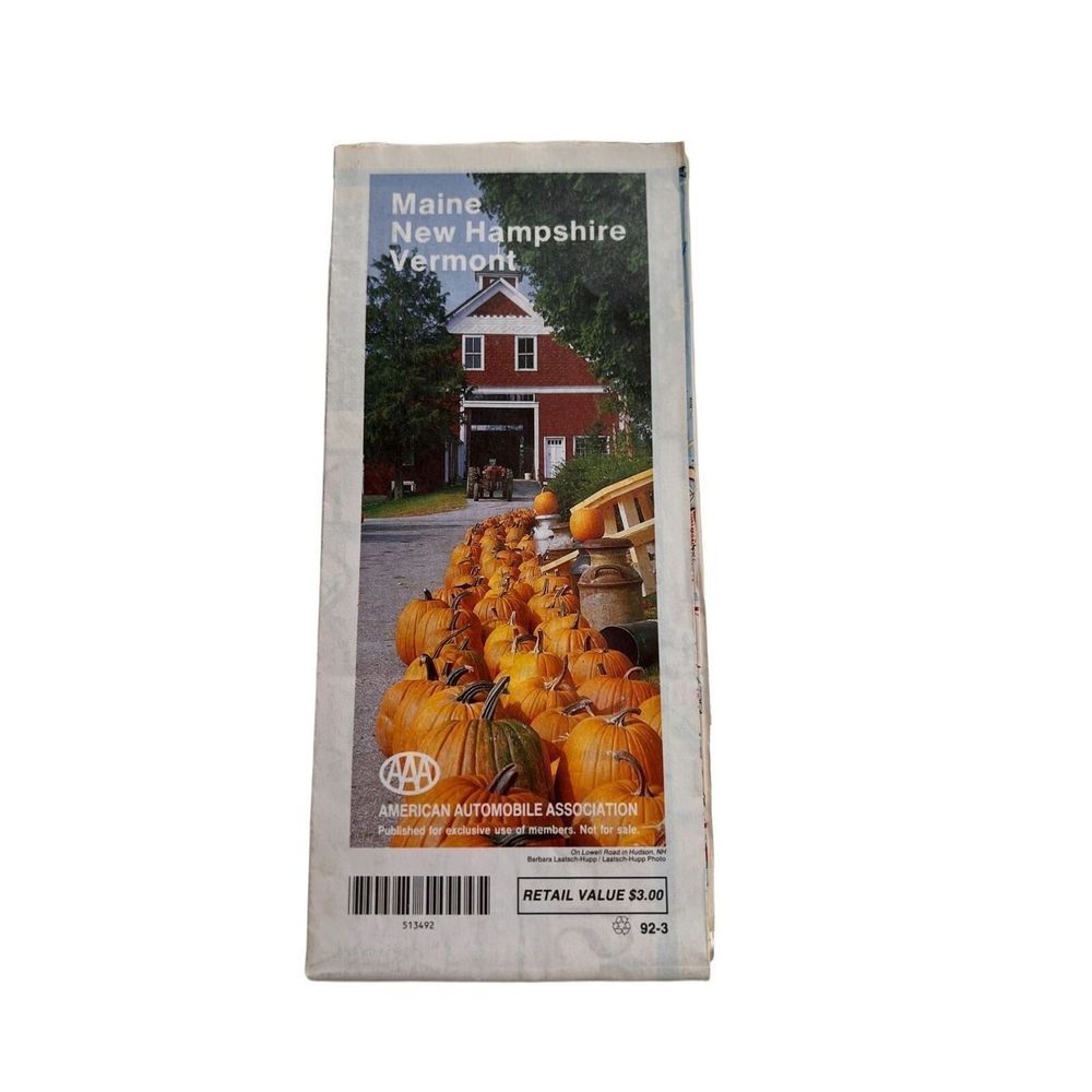 AAA Maine New Hampshire Vermont 1992 Vintage Travel Road Map Guide